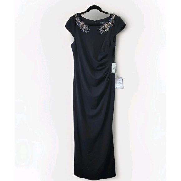 Adrianna Papell Dresses & Skirts - Adrianna Papell $249 Black Beaded Neckline Maxi Dress Size 16 Crepe Evening Gown